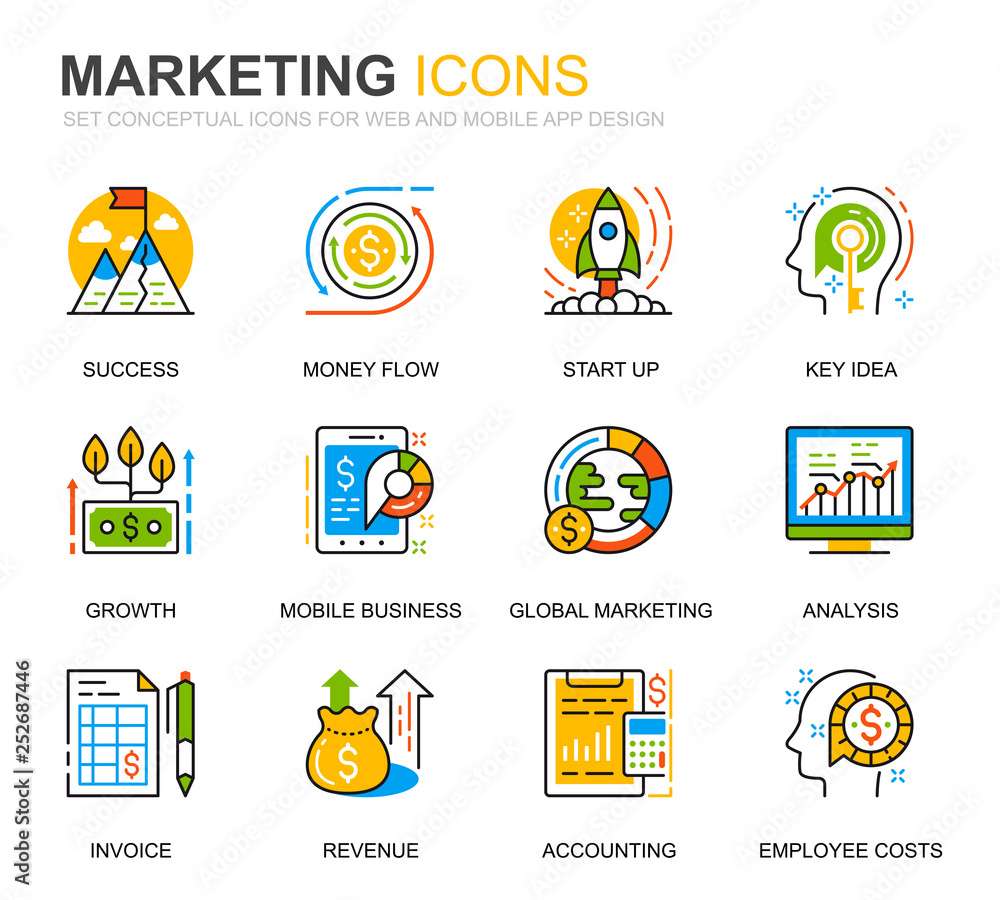 Poster Simple Set Business and Marketing Line Icons for Website and Mobile Apps. Contains such Icons as Vision, Mission, Planning, Market. Conceptual color line icon. Vector pictogram pack.