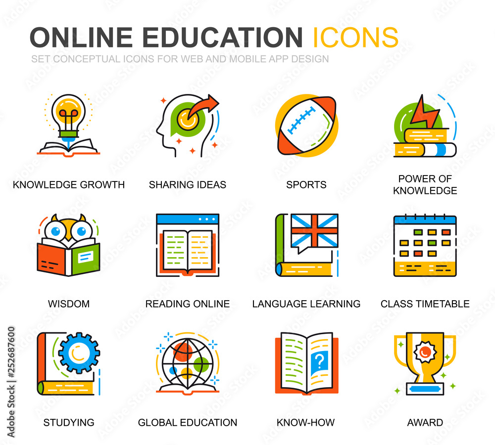 Poster simple set education and knowledge line icons for website and mobile apps. contains such icons as on