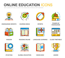 Simple Set Education and Knowledge Line Icons for Website and Mobile Apps. Contains such Icons as Online Course, University, Studying, Book. Conceptual color line icon. Vector pictogram pack.