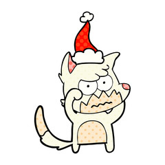comic book style illustration of a annoyed fox wearing santa hat