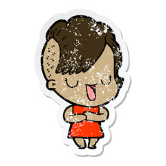 distressed sticker of a cute cartoon girl with hipster haircut