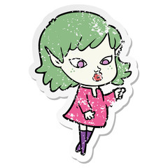 distressed sticker of a pointing cartoon elf girl