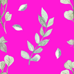 Watercolor pattern with leaves and branches of eucalyptus on a bright pink background, hand-painted watercolor. Spring illustration of delicate trippy patterns for beautiful design of posters, cards, 