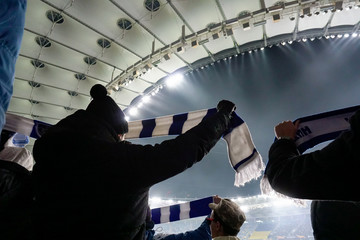 Large crowd of football fans clapping hands, supporting their team. Crowd of sports fans watching...