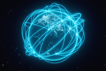 World connections with city lights. Blue. Earth globe. Spinning Earth with light lines growing from major cities all over the world. 3d illustration