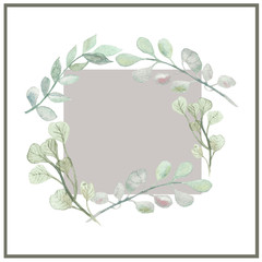 Watercolor framed by the branches of the eucalyptus tree isolated on white background. Summer illustration for beautiful design of posters, cards, invitations.