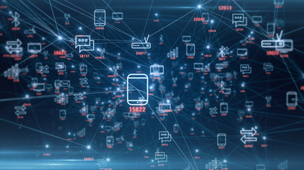 Abstract network of physical devices on the Internet using a network connection with statistics numbers 3d illustration