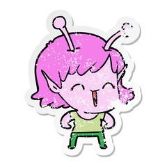 distressed sticker of a cartoon alien girl laughing