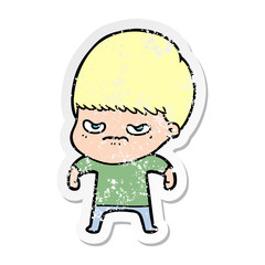 distressed sticker of a annoyed cartoon boy
