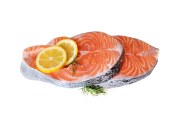 Salmon fish steak two raw uncooked salmon steaks isolated on white
