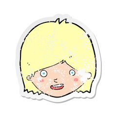 retro distressed sticker of a cartoon happy female face