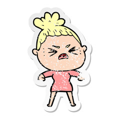 distressed sticker of a cartoon angry woman