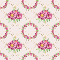 Bouquet of peonies. Watercolor flower seamless pattern on pink background.