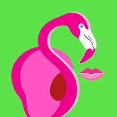 Vector poster pink flamingo on green background