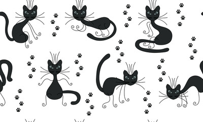 endless pattern with funny gray cats and traces of paws