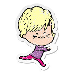 distressed sticker of a cartoon frustrated woman
