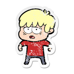 distressed sticker of a cartoon exhausted boy