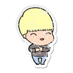 distressed sticker of a happy cartoon boy
