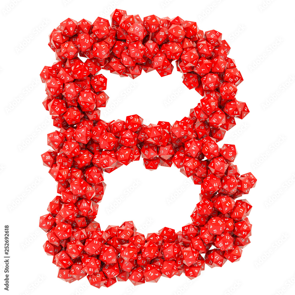 Poster alphabet letter b from red twenty-sided dice, 3d rendering