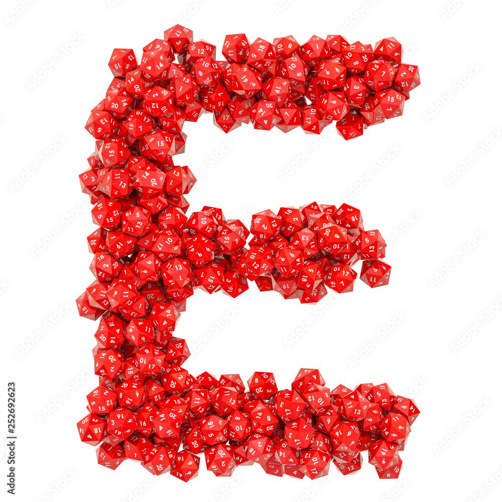 Poster alphabet letter e from red twenty-sided dice, 3d rendering