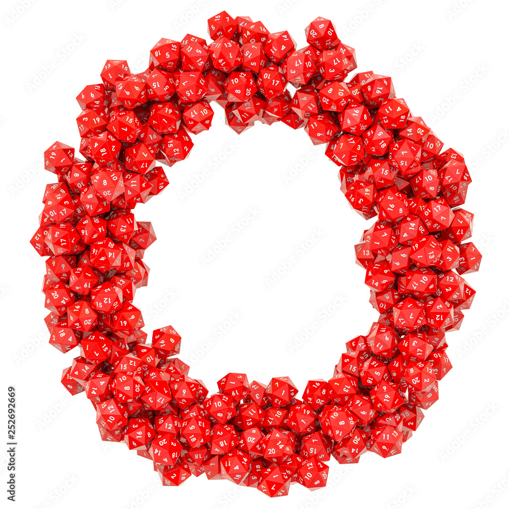 Poster alphabet letter o from red twenty-sided dice, 3d rendering
