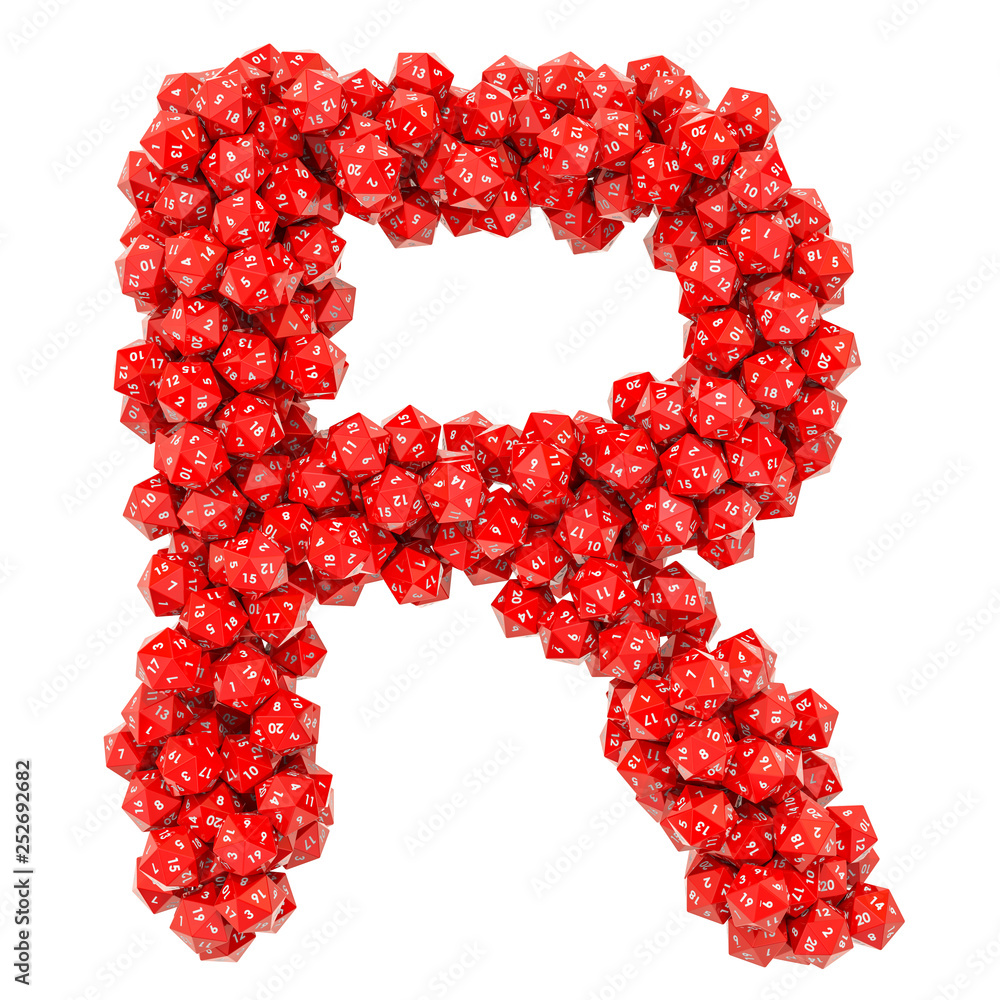Poster alphabet letter r from red twenty-sided dice, 3d rendering