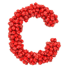 Alphabet letter C from red twenty-sided dice, 3D rendering