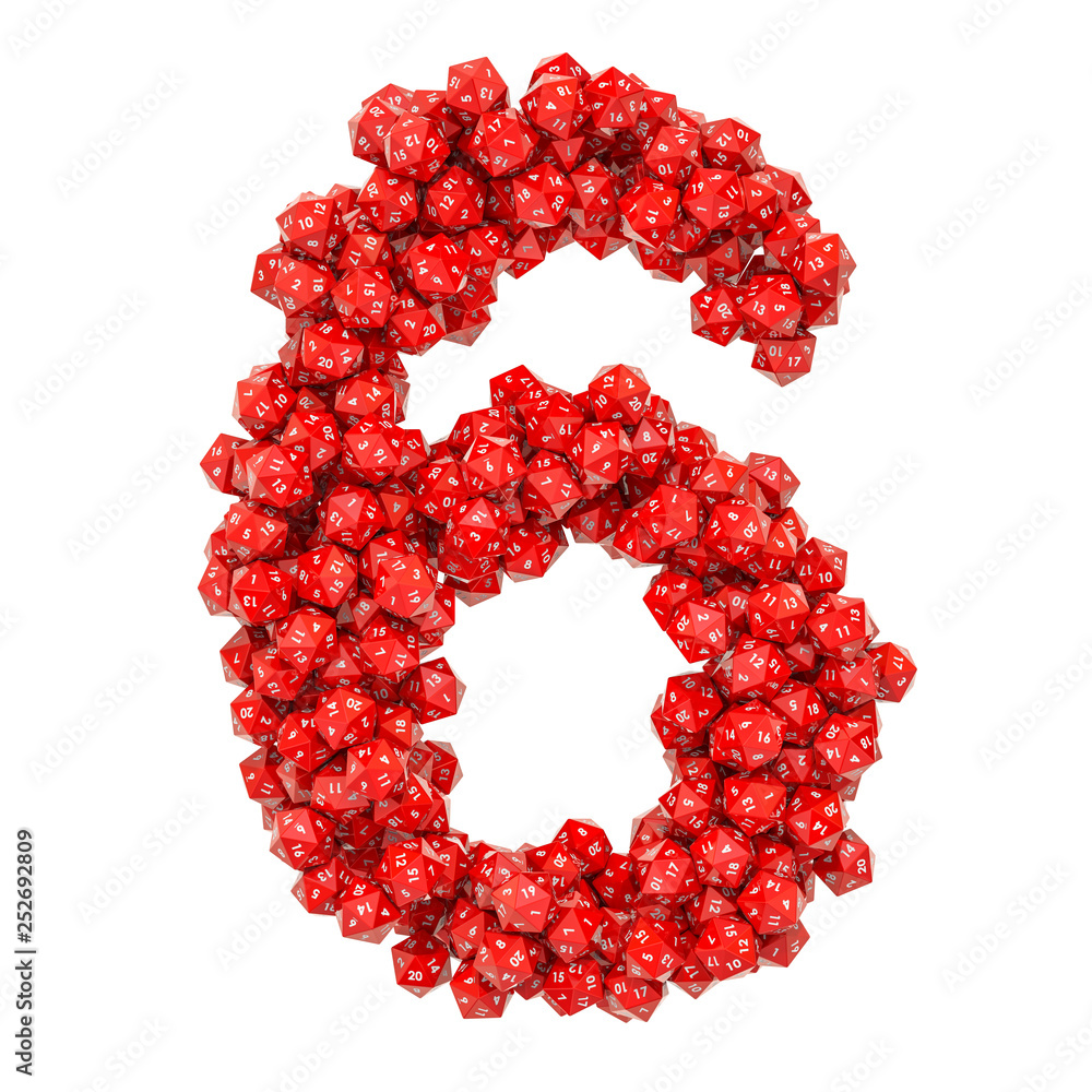 Poster number 6, from red twenty-sided dice, 3d rendering