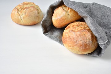 Gray linen bread bag, reusable, eco friendly, no plastic, zero waste concept, white background, copy space