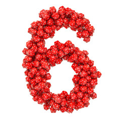 Number 6, from red twenty-sided dice, 3D rendering