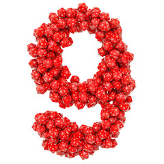 Number 9, from red twenty-sided dice, 3D rendering