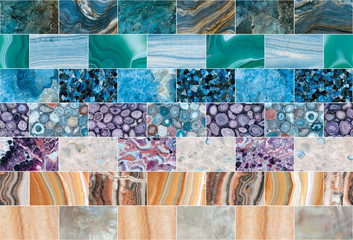 Bright mottled coloured marble, granite, quartz, agate, amethyst, topaz and malachite mosaic tiles background. Gemstone tiles with natural pattern. - obrazy, fototapety, plakaty