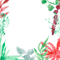 Fototapeta na wymiar Set of watercolor elements - wild flower, herbs, leaves. Collection of garden, wild foliage, flowers, branches. Watercolor framing for design of cards, greetings, invitations.
