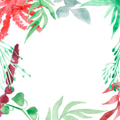 Naklejka premium Set of watercolor elements - wild flower, herbs, leaves. Collection of garden, wild foliage, flowers, branches. Watercolor framing for design of cards, greetings, invitations.