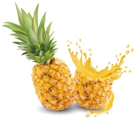 Pineapple juice close-up. Fresh pineapple juice. Splash with pineapple on a white background. Vector graphics. Realistic pineapple.