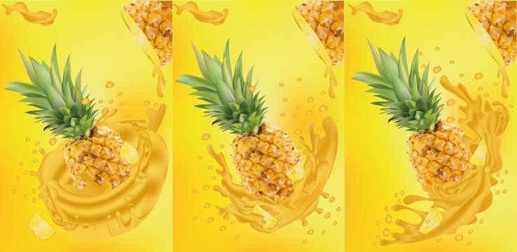 Pineapple juice close-up. Fresh pineapple juice. Splashes with pineapple. Vector graphics.