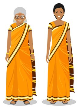 Set of standing together old and young indian woman in the traditional clothing isolated on white background in flat style. Different people in the east dress. Vector illustration.