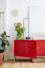 vivid interior flowers and large picture frames on red metal locker