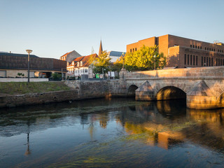 Vejle city center with bridge and Vejle River in Vejle, Denmark
