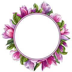 Spring wreath of blooming branches pink magnolia flowers and green leaves