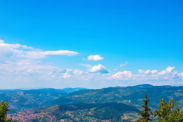 View from the top of the mountain to the highlands and the city of Sarajevo. Sarajevo, Bosnia and...