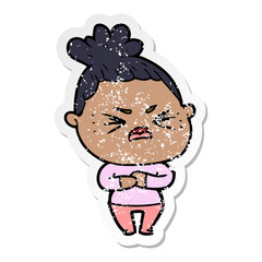 distressed sticker of a cartoon angry woman