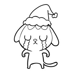 cute line drawing of a dog crying wearing santa hat
