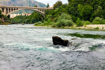 Mostar, Bosnia and Herzegovina. View of the bridge and the city.