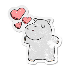 distressed sticker of a cartoon hippo in love