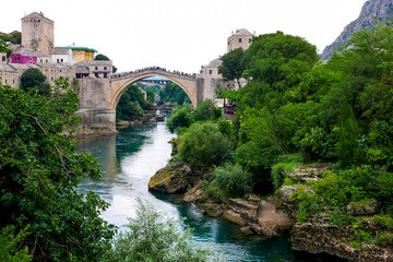 Mostar, Bosnia and Herzegovina. View of the bridge and the city.