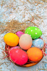 Painted easter eggs greeting card of traditional christian holiday.