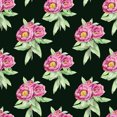 Bouquet of peonies. Watercolor flower seamless pattern on blak background.