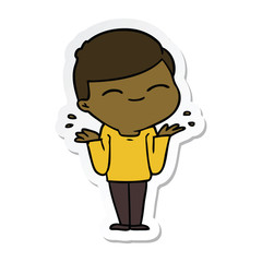 sticker of a cartoon smiling boy shrugging shoulders