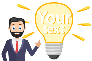 Businessman has a new idea and points his finger at the light bulb on a white. Place for text.